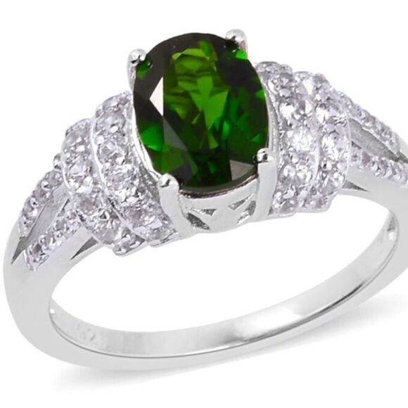 Platinum Chrome Diopside White Zircon Rhodium Halo Ring NEW - Picture 1 of 4